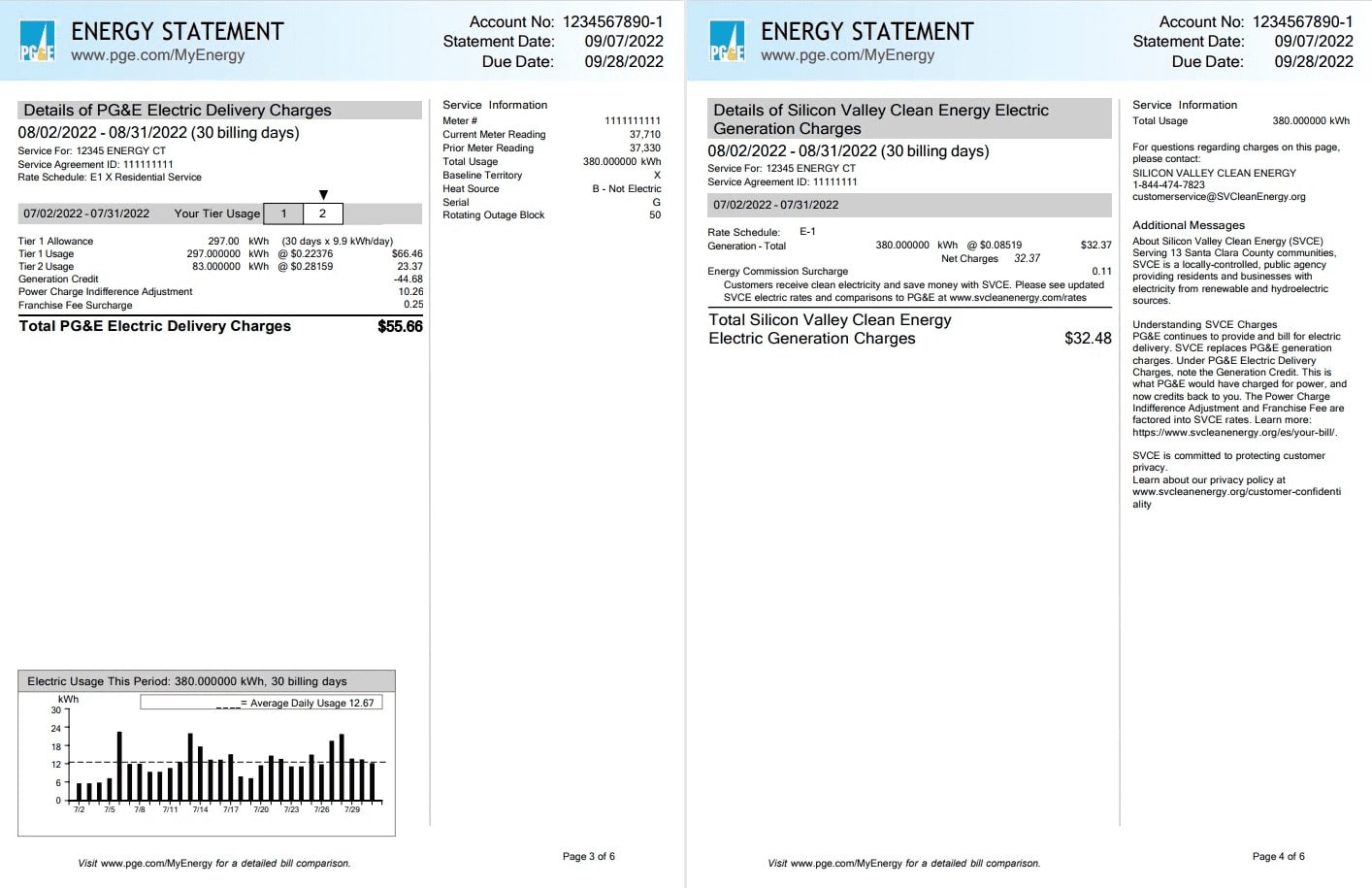 USA California PG&E (Pacific Gas and Electric Company) utility bill, Word and PDF template, 6 pages 3 4